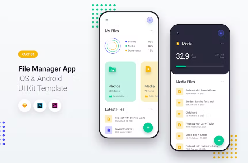 Free File Manager App iOS & Android UI Kit Template Download