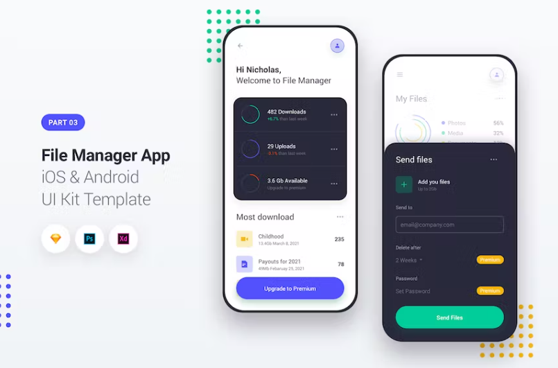 Free File Manager App iOS & Android UI Kit Template | Vol.A011