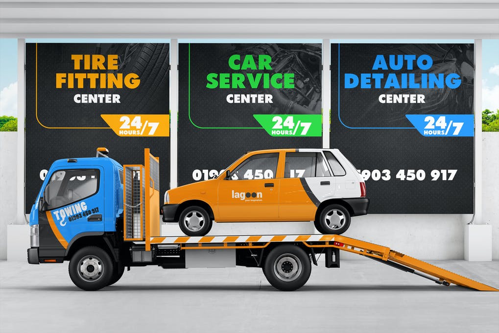 Free Car On Tow Truck Near Car Service Mockup Template Download