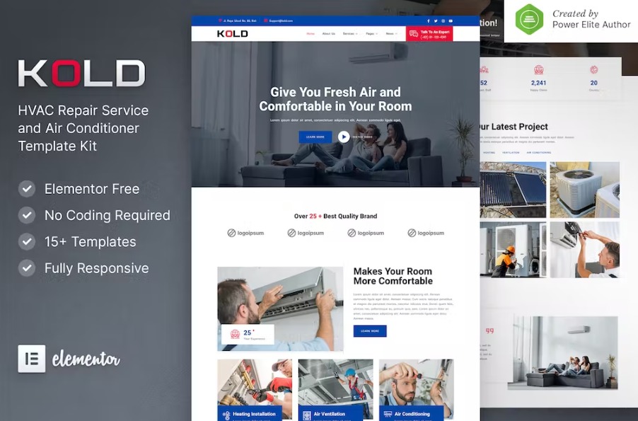 Free Kold Air Conditioner & HVAC Repair Service Elementor Template Kit Download