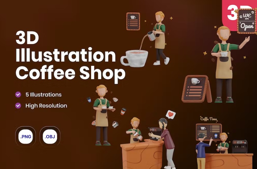 Free 3D Coffee Shop Illustration Pack Download