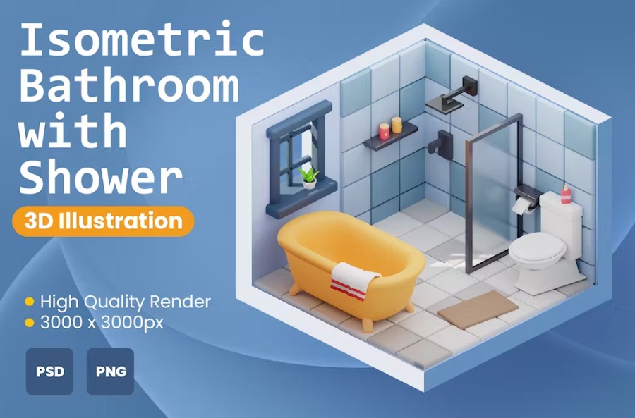 Free 3D Isometric Bathroom with Shower Illustration Download