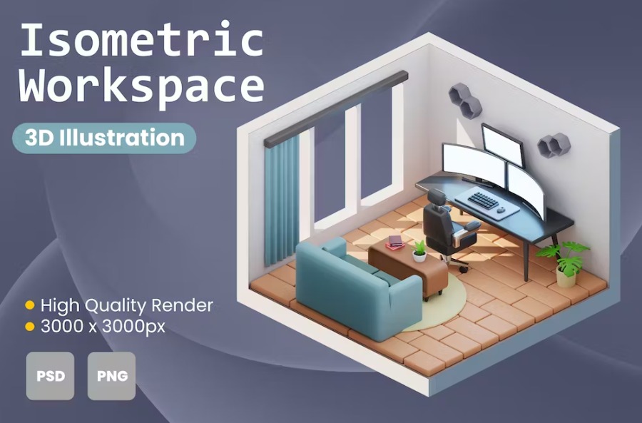 Free 3D Isometric Workspace Illustration Download