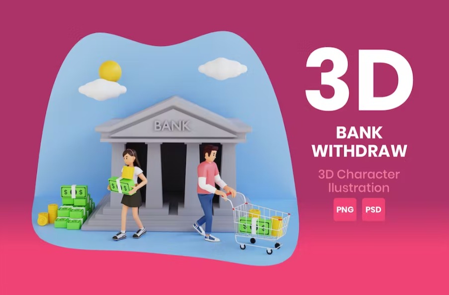 Free Bank Withdraw 3D Character Illustration Template Download