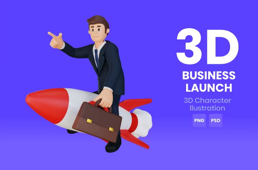 Free Business Launch 3D Character Illustration Template Download