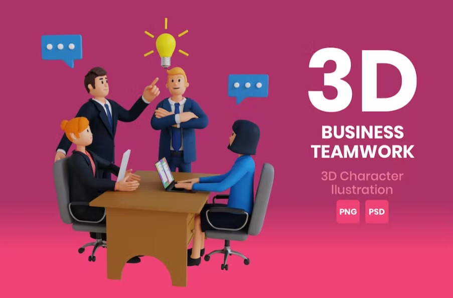 Free Business Teamwork 3D Character Illustration Template Download