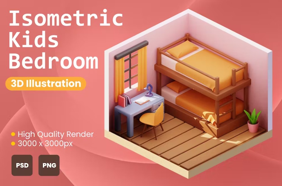 Free Isometric Bedroom with Bunk Bed 3D Illustration