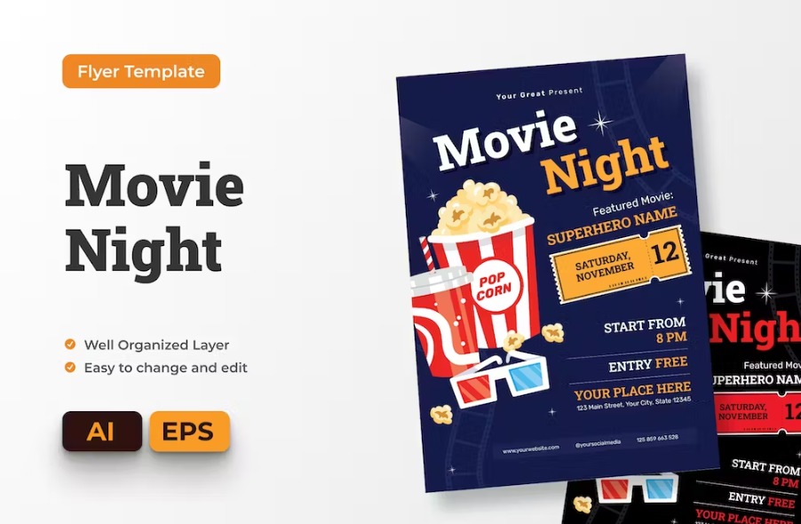 Free Movie Night Flyer Ai & EPS Template Download