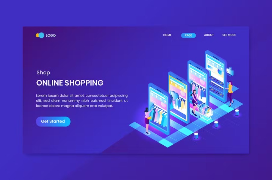 Free Buyers choosing and buying clothes in Shop Isometric Landing Page