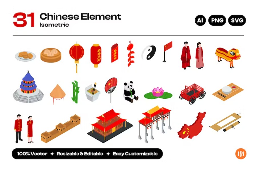 Free Chinese Elements Isometric Landing Page Download