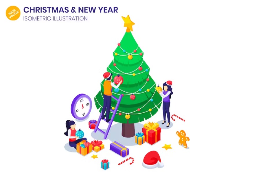 Free Christmas Tree Decoration Isometric Landing Page Download