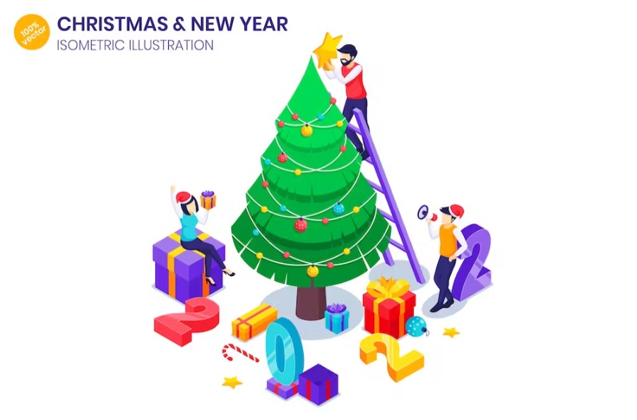 Free Christmas Tree Decoration Isometric Landing Page Download