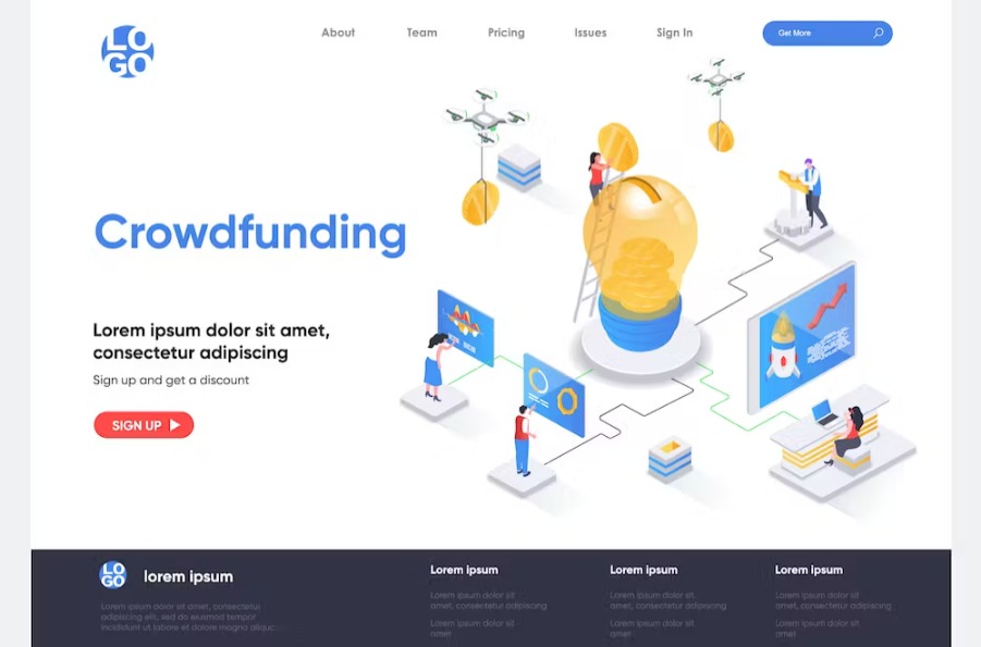 Free Crowdfunding Isometric Landing Page Download